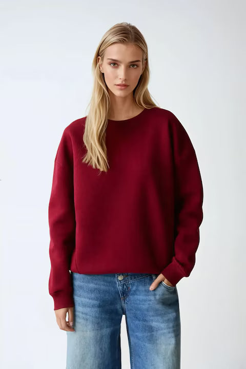 Women's basic oversized sweatshirt, round collar, red