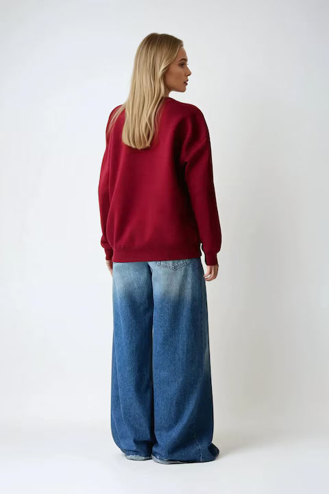Women's basic oversized sweatshirt, round collar, red