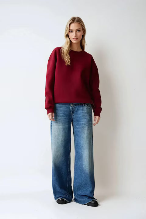 Women's basic oversized sweatshirt, round collar, red